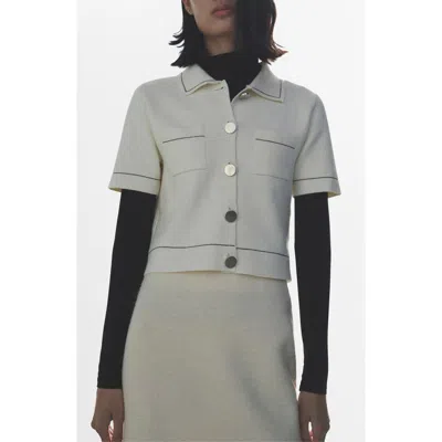 Mango Contrast Trim Crop Cardigan In Ecru