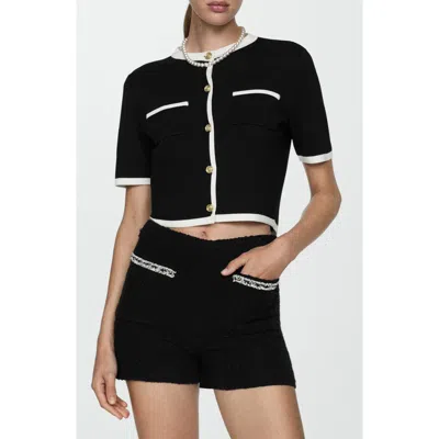 Mango Contrast Trim Short Sleeve Cardigan In Black