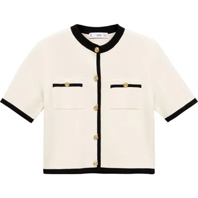 Mango Contrast Trim Short Sleeve Cardigan In Écru