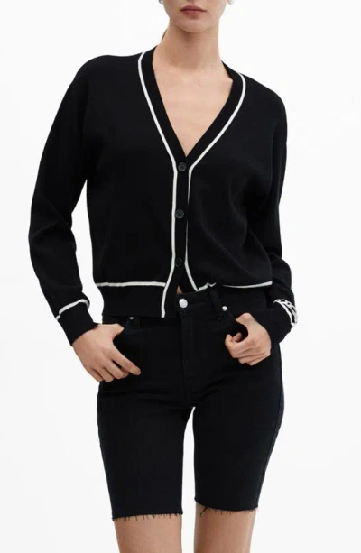 Mango Contrast Trim V-neck Cardigan In Black