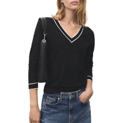 Mango Contrast V-neck Sweater In Black