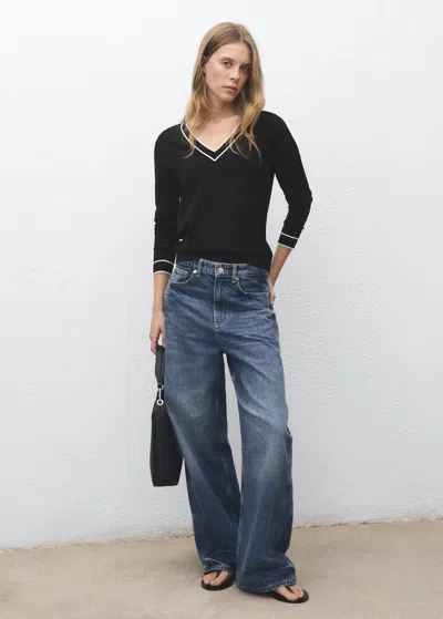 Mango Pull-over À Col En V Contrastant Noir - Femme - 1xl -  In Black