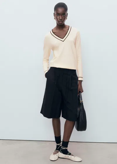Mango Pull-over À Col En V Contrastant Écru - Femme - Xl -  In Neutral