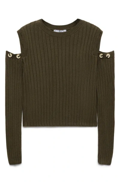 Mango Convertible Cold Shoulder Rib Sweater In Khaki Green
