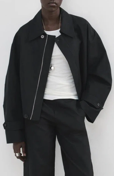 Mango Cotton & Linen Twill Zip Jacket In Black