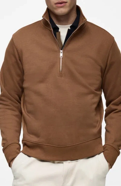 Mango Cotton Blend Half Zip Sweatshirt In Medium Brown