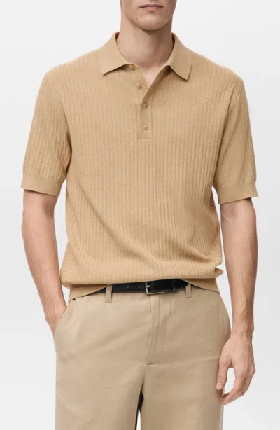Mango Cotton Blend Ribbed Polo Sweater In Beige
