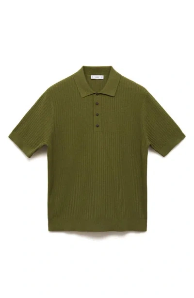 Mango Cotton Blend Ribbed Polo Sweater In Green