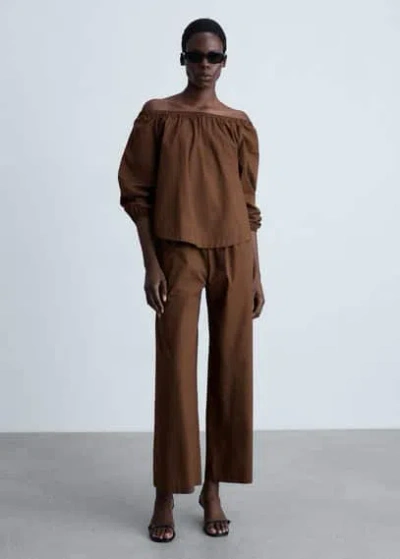 Mango Cotton Blouse With Gathered Neck In Brown