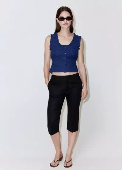 Mango Cotton Blouse With Openwork Embroidery In Blue