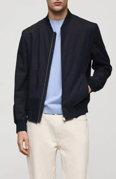 Mango Cotton Bomber Jacket In Dark Navy