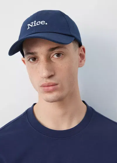 Mango Cotton Cap With Embroidered Slogan In Navy
