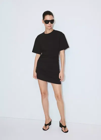Mango Cotton Dress With Gathered Sides In Black