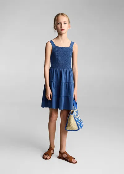 Mango Kids' Cotton Honeycomb Dress Indigo Blue