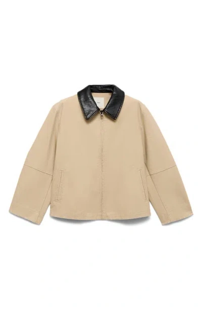 Mango Cotton Jacket With Faux Leather Collar In Neutral