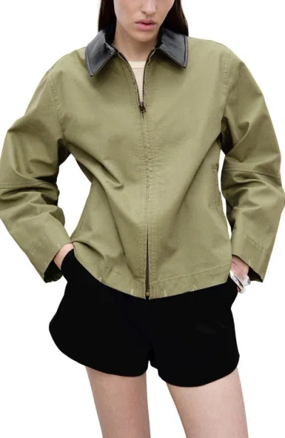 Mango Cotton Jacket With Faux Leather Collar In Khaki Green