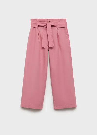 Mango Kids' Cotton Linen Palazzo Trousers Pink