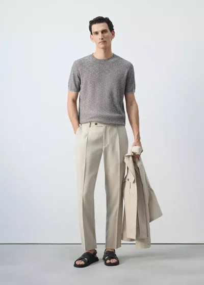 Mango Cotton Linen-blend Knit T-shirt In Navy