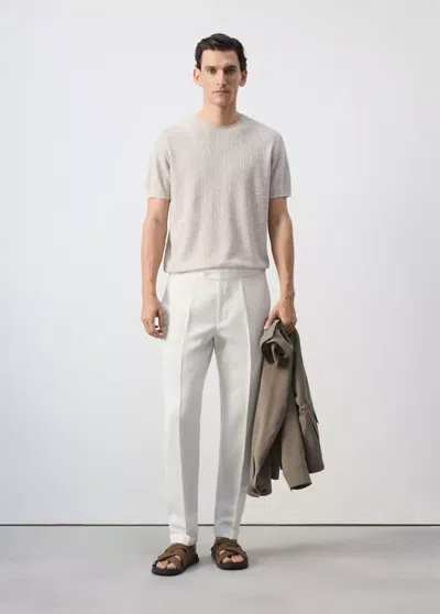 Mango Cotton Linen-blend Knit T-shirt In Sand