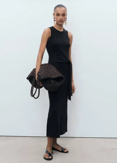 Mango Cotton Midi-dress With Knot Detail Black
