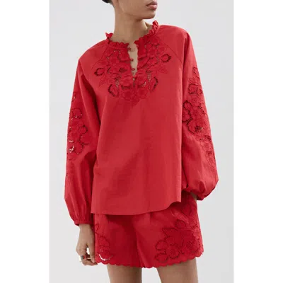 Mango Cotton Ruffle Trim Broderie Anglaise Top In Red
