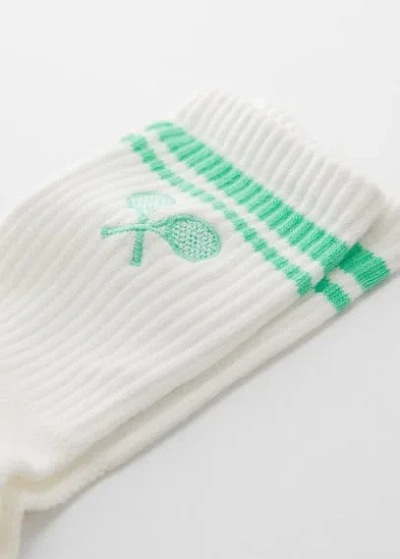 Mango Cotton Socks With Embroidered Detail Green In White