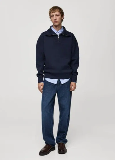 Mango Cotton Sweatshirt Relaxed Fit Zipper Neck Dark Navy In Bleu Marine Foncé