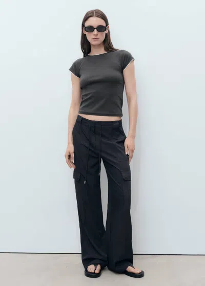 Mango Cotton T-shirt With Contrasting Trim Grey