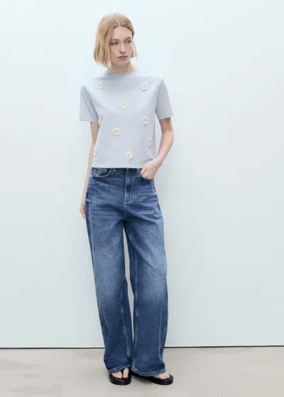 Mango Cotton T-shirt With Flower Detail Blue