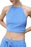 Mango Cotton Terry Crop Halter Top In Blue