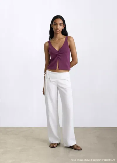 Mango Cotton Top With Ruched Detail In Purple