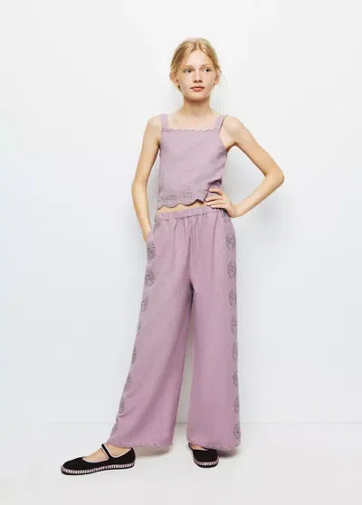 Mango Kids' Cotton Trousers With Embroidered Details In Light/pastel Purple