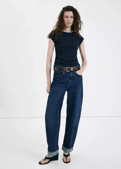 Mango Cotton T-shirt With Contrasting Trim In Blue