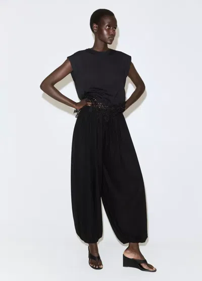 Mango Cotton T-shirt With Openwork Embroidery In Black