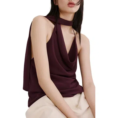 Mango Ruched Cowl Neck Sleeveless Knit Top In Brown