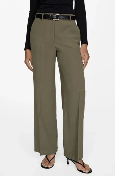 Mango Creased Wide Leg Pants In Khaki Green