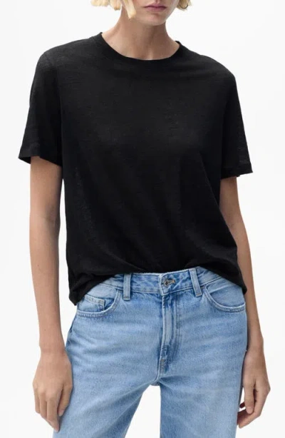 Mango Crewneck Linen T-shirt In Black