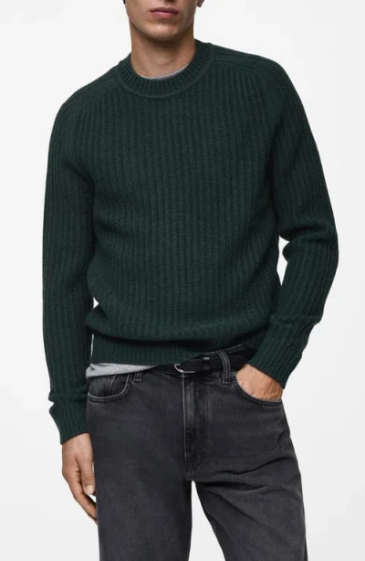 Mango Crewneck Rib Sweater In Dark Green