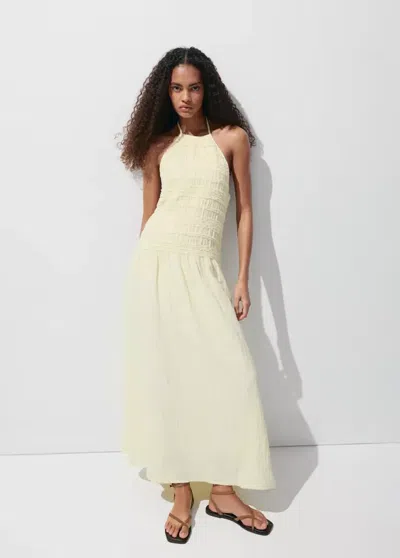 Mango Crinkled Shirred Dress In Pastel Yellow
