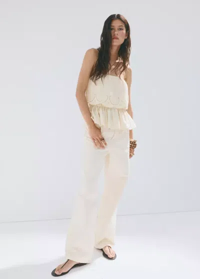 Mango Crinkled Top With Embroidered Details In Ecru
