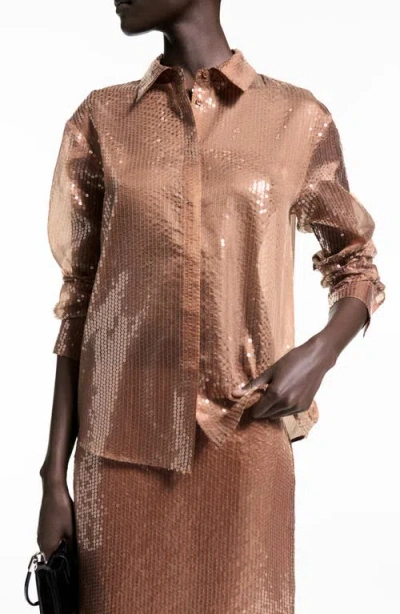 Mango Cristal Sheer Sequin Button-up Shirt In Brown