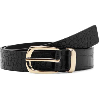 Mango Croc Embossed Faux Leather Belt In Black