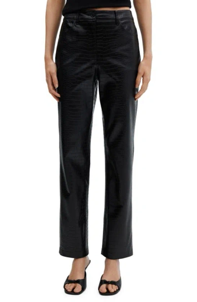 Mango Croc Embossed Faux Leather Straight Leg Trousers In Black