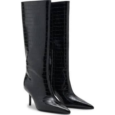 Mango Croc Embossed Knee High Pointed Toe Boot In Black