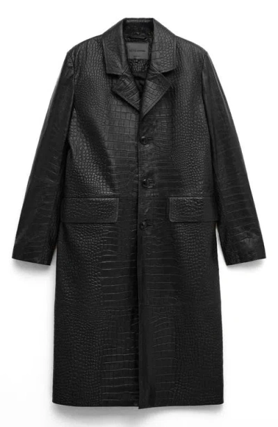 Mango Croc Embossed Leather Coat In Black