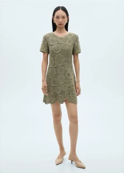 Mango Robe Maille Crochet Kaki - Femme - L -