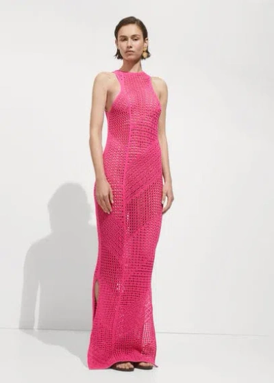 Mango Crochet Long Dress Fuchsia