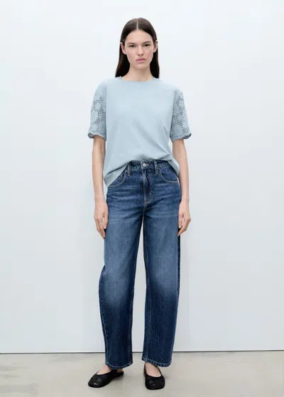 Mango Crochet Sleeve Cotton T-shirt Sky Blue