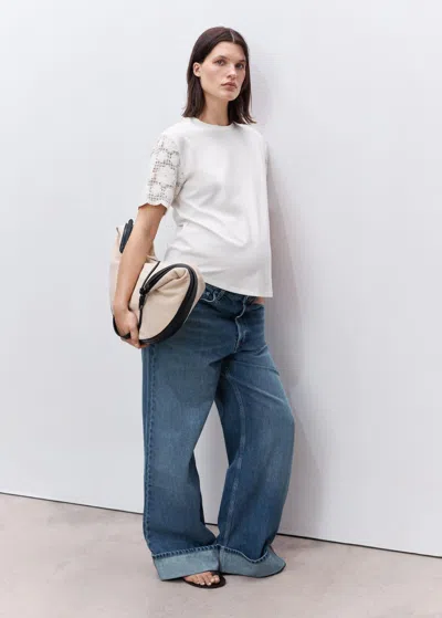 Mango Crochet Sleeve Cotton T-shirt White