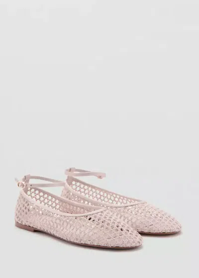 Mango Crocheted Ballet Flats With Ankle Strap In Nude